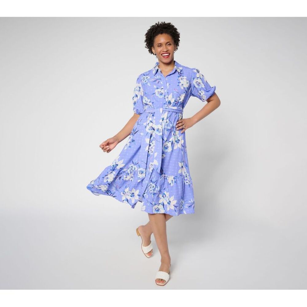 Truth + Style Women's Petite Dress 1XP Printed Textured Woven Button Blue